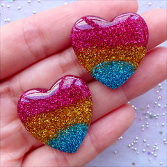 Heart Glittery Cabochons | Resin Heart Cabochon with Colorful Glitter | Kawaii Decora Kei Jewellery Making | Sparkly Decoden Pieces | Hair Bow Centers | Brooch Making (2 pcs / 27mm x 27mm / Flat Back)