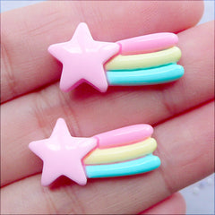 Kawaii Shooting Star Cabochons | Pastel Kei Cabochon | Resin Decoden Pieces | Phone Case Deco | Hair Bow Centers | Scrapbooking Supplies (2 pcs / Pink / 13mm x 23mm / Flat Back)
