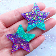 Galaxy Star Cabochon with Glitter | Kawaii Jewelry Crafts | Glittery Decoden Pieces | Resin Flatback with Confetti | Cell Phone Deco | Hairbow Center (2pcs / Purple Aqua Blue / 39mm x 37mm / Flat Back)