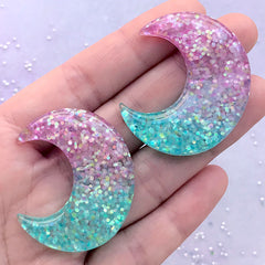 Galaxy Moon Cabochon with Confetti Glitter | Glittery Resin Cabochon | Kawaii Decoden Supplies | Phone Case Decoration | Magical Girl Jewellery Making (2pcs / Purple Aqua Blue / 35mm x 40mm / Flat Back)