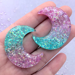 Galaxy Moon Cabochon with Confetti Glitter | Glittery Resin Cabochon | Kawaii Decoden Supplies | Phone Case Decoration | Magical Girl Jewellery Making (2pcs / Purple Aqua Blue / 35mm x 40mm / Flat Back)