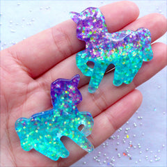 Unicorn Cabochon in Glittery Galaxy Color | Confetti Glitter Cabochon | Kawaii Cabochon Supplies | Fairy Kei Jewelry Making | Resin Decoden Pieces | Fairytale Embellishments (2pcs / Purple Aqua Blue / 36mm x 38mm / Flat Back)