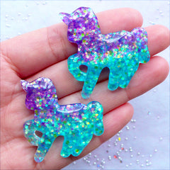 Unicorn Cabochon in Glittery Galaxy Color | Confetti Glitter Cabochon | Kawaii Cabochon Supplies | Fairy Kei Jewelry Making | Resin Decoden Pieces | Fairytale Embellishments (2pcs / Purple Aqua Blue / 36mm x 38mm / Flat Back)