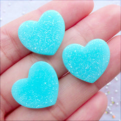 Pastel Glittery Heart Cabochon | Shimmer Heart Flatback with Glitter | Kawaii Fairy Kei Jewellery DIY | Decoden Resin Pieces | Scrapbook Embellishments (3pcs / Pastel Blue / 19mm x 17mm / Flat Back)