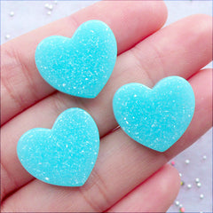 Pastel Glittery Heart Cabochon | Shimmer Heart Flatback with Glitter | Kawaii Fairy Kei Jewellery DIY | Decoden Resin Pieces | Scrapbook Embellishments (3pcs / Pastel Blue / 19mm x 17mm / Flat Back)