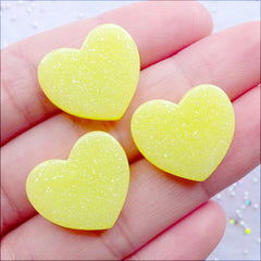 Shimmer Heart Cabochons with Glitter | Pastel Kei Decoden Phone Case | Kawaii Cabochon | Resin Flatback | Glittery Embellishments | DIY Fairy Kei Jewelry (3pcs / Pastel Yellow / 19mm x 17mm / Flat Back)