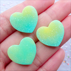 Galaxy Gradient Heart Cabochons with Glitter | Pastel Shimmer Cabochon | Glittery Decoden Supplies | Kawaii Embellishments | Cute Resin Pieces | Fairy Kei Jewellery DIY (3pcs / Yellow Green Blue / 19mm x 17mm / Flat Back)