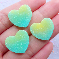 Galaxy Gradient Heart Cabochons with Glitter | Pastel Shimmer Cabochon | Glittery Decoden Supplies | Kawaii Embellishments | Cute Resin Pieces | Fairy Kei Jewellery DIY (3pcs / Yellow Green Blue / 19mm x 17mm / Flat Back)