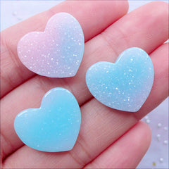 Pastel Gradient Heart Cabochons with Galaxy Glitter | Glittery Cabochon | Kawaii Decoden Crafts | Shimmer Resin Heart Flatback | Fairykei Embellishments | Pastel Kei Jewellery DIY (3pcs / Pink Blue / 19mm x 17mm / Flat Back)