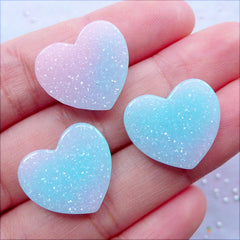 Pastel Gradient Heart Cabochons with Galaxy Glitter | Glittery Cabochon | Kawaii Decoden Crafts | Shimmer Resin Heart Flatback | Fairykei Embellishments | Pastel Kei Jewellery DIY (3pcs / Pink Blue / 19mm x 17mm / Flat Back)