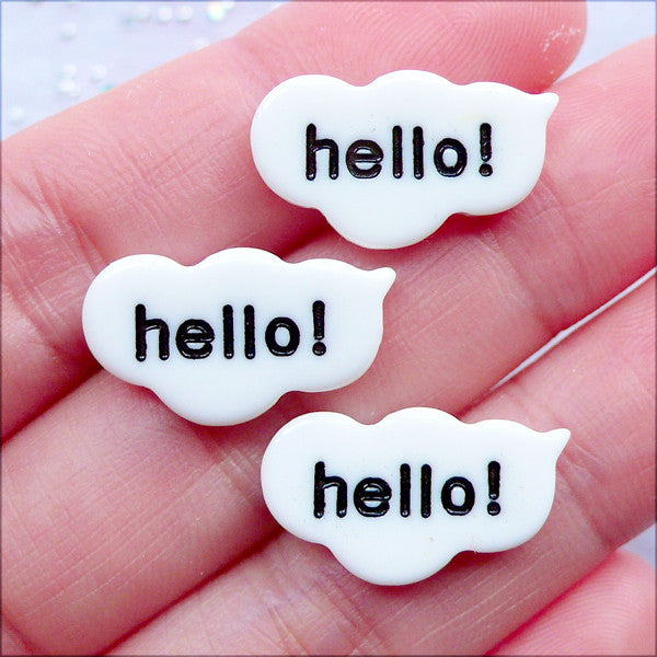 Cloud Speech Bubble Cabochons | Hello Word Cabochon | Card Making | Scrapbooking Supplies | Mixed Media Art | Message Embellishments | Resin Decoden Pieces | Kawaii Crafts (3pcs / 20mm x 11mm / Flat Back)