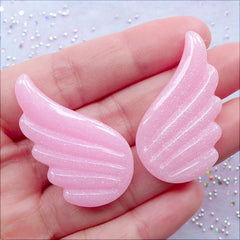 Glittery Pegasus Wing Cabochons | Glitter Unicorn Wings Cabochon | Pastel Kei Decoden Supplies | Kawaii Fairy Kei Phone Case Deco | Resin Pieces | Fairytale Embellishments (2pcs / Pastel Pink / 22mm x 38mm / Flat Back)