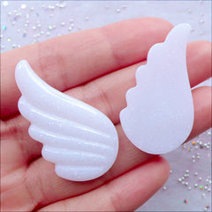 Glitter Pegasus Wing Cabochons | Kawaii Unicorn Wings Cabochon | Glittery Resin Pieces | Fairy Kei Decoden Supplies | Pastel Kei Phone Decoration | Fairy Tale Embellishments (2pcs / White / 22mm x 38mm / Flat Back)