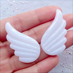 Glitter Pegasus Wing Cabochons | Kawaii Unicorn Wings Cabochon | Glittery Resin Pieces | Fairy Kei Decoden Supplies | Pastel Kei Phone Decoration | Fairy Tale Embellishments (2pcs / White / 22mm x 38mm / Flat Back)