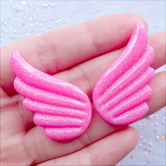 CLEARANCE Kawaii Pegasus Wings Cabochons | Resin Unicorn Wing Cabochon with Glitter | Glittery Decoden Pieces | Fairy Kei Jewellery DIY | Magical Girl Cell Phone Deco | Whimsical Scrapbooking (2pcs / Dark Pink / 22mm x 38mm / Flat Back)