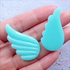 Magical Unicorn Wing Cabochons | Resin Pegasus Wings Cabochon with Shimmer Glitter | Kawaii Cabochons | Glittery Phone Case Deco | Whimsical Decoden Supplies | Fairy Kei Crafts (2pcs / Aqua Cyan / 22mm x 38mm / Flat Back)