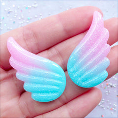 Magical Pegasus Wing Cabochons in Pastel Galaxy Gradient | Shimmer Unicorn Wings Cabochon with Glitter | Glittery Resin Cabochon | Kawaii Phone Case | Fairykei Decoden Pieces | Pastel Kei Jewelry Making (2pcs / Blue Purple Pink / 22mm x 38mm / Flat Back)