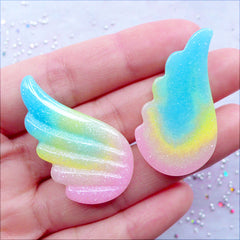 Pastel Unicorn Wings Cabochons in Rainbow Gradient Color | Shimmer Pegasus Wings Cabochon with Glitter | Kawaii Cabochon | Magical Girl Phone Case | Glittery Pastel Fairy Kei Cabochon | Fairy Tale Resin Pieces (2pcs / Pink Yellow Blue / 22mm x 38mm)