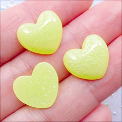 Little Puffy Heart Cabochons with Shimmer Glitter | Glittery Heart Flatback | Kawaii Resin Pieces | Decoden Cabochons | Scrapbook Embellishments | Cell Phone Deco (3pcs / Pastel Yellow / 15mm x 13mm / Flat Back)