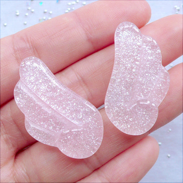 Pastel Kei Angel Wing Cabochons | Glitter Shimmer Angel Wings | Decoden Phone Case | Glittery Resin Flatback | Kawaii Jewelry DIY | Hair Bow Centers (2 pcs / Light Pink / 18mm x 32mm / Flat Back)