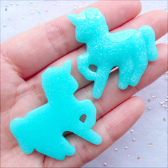 CLEARANCE Resin Unicorn Cabochons with Shimmer Glitter | Fairy Kei Unicorn Flatback | Pastel Kei Jewelry Making | Kawaii Decoden Supplies | Glittery Magical Girl Phone Case Deco (2 pcs / Pastel Blue / 37mm x 38mm / Flat Back)