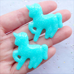 CLEARANCE Resin Unicorn Cabochons with Shimmer Glitter | Fairy Kei Unicorn Flatback | Pastel Kei Jewelry Making | Kawaii Decoden Supplies | Glittery Magical Girl Phone Case Deco (2 pcs / Pastel Blue / 37mm x 38mm / Flat Back)