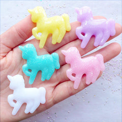 Pastel Glitter Unicorn Cabochons | Glittery Decoden Cabochons | Kawaii Unicorn Flatback | Fairy Kei Jewelry DIY | Shimmer Resin Pieces | Cell Phone Deco | Fairytale Party Decoration (5 pcs / Assorted Colorful Mix / 37mm x 38mm / Flat Back)