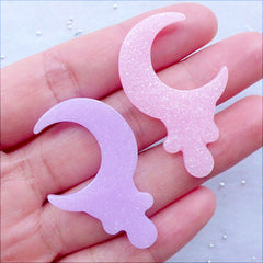 Kawaii Pastel Moon Cabochons with Shimmer Glitter | Mahou Kei Resin Cabochon | Drippy Moon Cabochon | Melty Crescent Moon Flatback | Glittery Decoden Pieces | Magical Girl Phone Case (5pcs / Assorted Colorful Mix / 26mm x 40mm / Flat Back)
