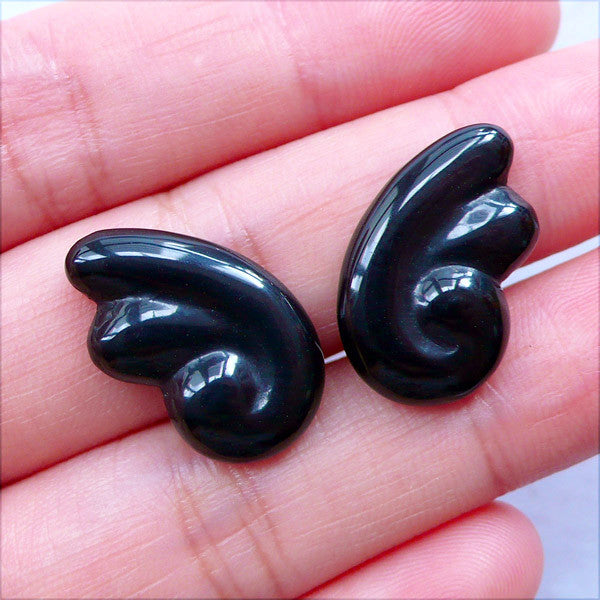Black Angel Wing Cabochons | Fallen Angel Wings Flatback | Kawaii Goth Cabochons | Gothic Lolita Jewellery Making | Resin Decoden Pieces | Earrings DIY (2pcs / Black / 12mm x 20mm / Flat Back)