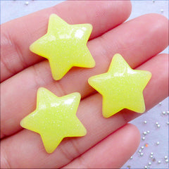 Glitter Star Cabochons | Puffy Star Resin Flatback | Glittery Cabochon | Decoden Pieces | Kawaii Phone Case Deco | Hair Bow Centers | Mahou Kei Jewelry Making (3pcs / Yellow / 20mm x 20mm / Flat Back)