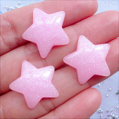 Puffy Star Cabochons | Resin Star Flatback with Glitter | Glittery Kawaii Cabochon | Mahou Kei Decoden Phone Case | Hair Bow Centers | Pastel Kei Jewellery DIY (3pcs / Pink / 20mm x 20mm / Flat Back)