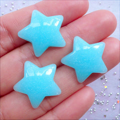 Pastel Fairy Kei Cabochons with Glitter | Glittery Puffy Star Cabochon | Resin Cabochon | Kawaii Decoden Supplies | Mahou Kei Jewellery DIY | Scrapbook Embellishments (3pcs / Pastel Blue / 20mm x 20mm / Flat Back)