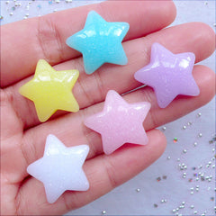 Pastel Glitter Star Cabochons | Resin Puffy Star Flatback | Glittery Resin Pieces | Shimmer Decoden Cabochon | Kawaii Mahou Kei Jewelry Making | Pastel Magical Girl Crafts (5pcs / Assorted Pastel Colors / 20mm x 20mm / Flat Back)