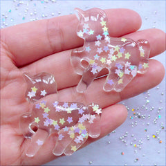 Fairy Kei Unicorn Cabochons with Star Confetti | Kawaii Magical Girl Cabochon | Resin Flatback | Decoden Supplies | Mahou Kei Jewellery Making | Cell Phone Deco (2pcs / Transparent Clear / 36mm x 38mm / Flat Back)