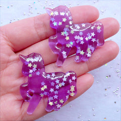 Unicorn Resin Cabochons with Star Confetti | Kawaii Fairy Kei Cabochon | Mahou Kei Decoden Pieces | Magical Girl Jewellery DIY | Phone Case Decoration (2pcs / Transparent Purple / 36mm x 38mm / Flat Back)