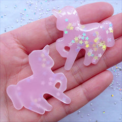 Magical Unicorn Cabochons with Star Confetti Glitter | Kawaii Embellishments | Fantasy Animal Cabochon | Magical Girl Decoden Cabochon | Mahou Kei Planner Deco | Pastel Fairy Kei Jewelry Making Supplies (2pcs / Translucent Pink / 36mm x 38mm / Flat Back)