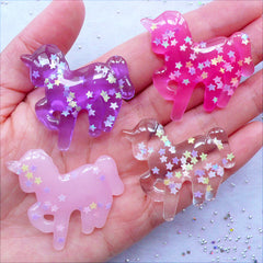 Kawaii Unicorn Cabochons with Star Confetti | Glitter Resin Unicorn Flatback | Mahou Kei Decoden Supplies | Fairy Kei Planner Decoration | Magical Girl Jewelry Supplies (4pcs / Assorted Mix / 36mm x 38mm / Flat Back)