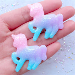 Pastel Galaxy Unicorn Cabochons with Shimmer Glitter | Glittery Unicorn Flatback in Rainbow Gradient Color | Mahou Kei Supplies | Magical Girl Deco | Fairy Kei Decoden Cabochon | Kawaii Resin Pieces (2pcs / Purple Pink Blue / 36mm x 37mm / Flat Back)