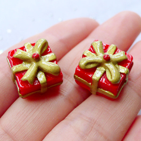 Christmas Gift Box Cabochons | Christmas Present Cabochon | Christmas Fairy Garden Decoration | Christmas Table Scatter | Xmas Party Decor | Christmas Phone Deco | Resin Flatback (2 pcs / 15mm x 10mm)