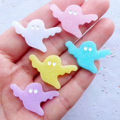 Halloween Ghost Cabochon with Glitter | Glittery Halloween Cabochons in Pastel Color | Halloween Decoden Supplies | Sweet Gothic Jewelry DIY | Shimmer Resin Cabochon | Kawaii Phone Case | Party Table Decoration (5pcs / Assorted / 29mm x 19mm / Flat Back)