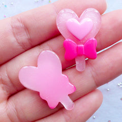 Heart Wand Cabochons | Magic Stick Cabochon | Power Rod with Bow Cabochon | Magical Girl Decoden | Kawaii Resin Pieces | Hair Bow Centers | Scrapbook Embellishments (2pcs / Pink / 20mm x 27mm / Flat Back)