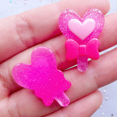 Heart Power Stick Cabochons | Transformation Wand Cabochon | Heart Lollipop Cabochon | Kawaii Decoden Cabochons | Magical Girl Cabochons | Fairytale Phone Decoration (2pcs / Dark Pink / 20mm x 27mm / Flat Back)