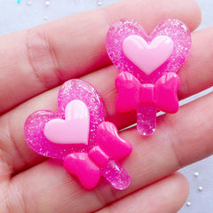 Heart Power Stick Cabochons | Transformation Wand Cabochon | Heart Lollipop Cabochon | Kawaii Decoden Cabochons | Magical Girl Cabochons | Fairytale Phone Decoration (2pcs / Dark Pink / 20mm x 27mm / Flat Back)