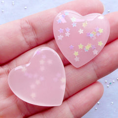 Star Confetti Heart Cabochon | Glitter Heart Cabochons with Star Sprinkles | Resin Heart Flatback | Kawaii Jewelry Making | Phone Case Decoden Supplies | Wedding Decoration (2pcs / Light Pink / 27mm x 27mm / Flat Back)