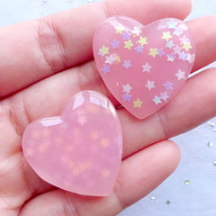 Pink Heart Cabochon with Star Confetti | Star Glitter Heart Flatback | Kawaii Cabochon Supplies | Glittery Decoden Phone Case | Wedding Table Scatter | Card Making | Scrapbook (2pcs / Pink / 27mm x 27mm / Flat Back)