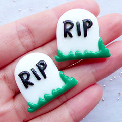 RIP Gravestone Cabochons | Rest in Peace Cabochons | Tombstone Cabochons | Graveyard Cabochons | Cemetery Resin Cabochons | Spooky Halloween Decoration | Kawaii Goth Decoden Supplies (2pcs / 27mm x 25mm / Flat Back)