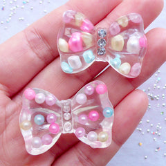 DEFECT Transparent Bow Cabochons with Pastel Bubblegum Beads and Rhinestones | Resin Bow Flatback | Confetti Cabochon | Decoden Pieces | Kawaii Jewellery Making | Phone Embellishment (2pcs / Clear / 34mm x 24mm / Flat Back)