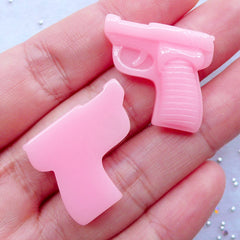 Hand Gun Cabochons | Kawaii Pistol Cabochon | Resin Handgun Flatback | Firearm Cabochons | Weapon Embellishments | Deco Den Supplies | Decoden Phone Case Decoration | Kitsch Jewelry Making (2pcs / Pink / 24mm x 21mm / Flat Back)