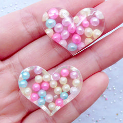 Sprinkle Heart Cabochons | Kawaii Heart Flatback with Bubblegum Beads | Gumball Pearl Heart Cabochons | Resin Decoden Pieces | Cell Phone Deco Supplies (2pcs / Transparent Clear / 29mm x 22mm / Flat Back)