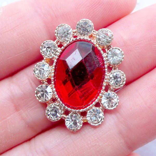 Rhinestone Button Cabochon in Oval Shape | Crystal Embellishment | Bling Bling Hairbow Center | Cell Phone Deco | Wedding Supplies | Table Scatter | Metal Decoden Piece (1 piece / Red / 20mm x 24mm)